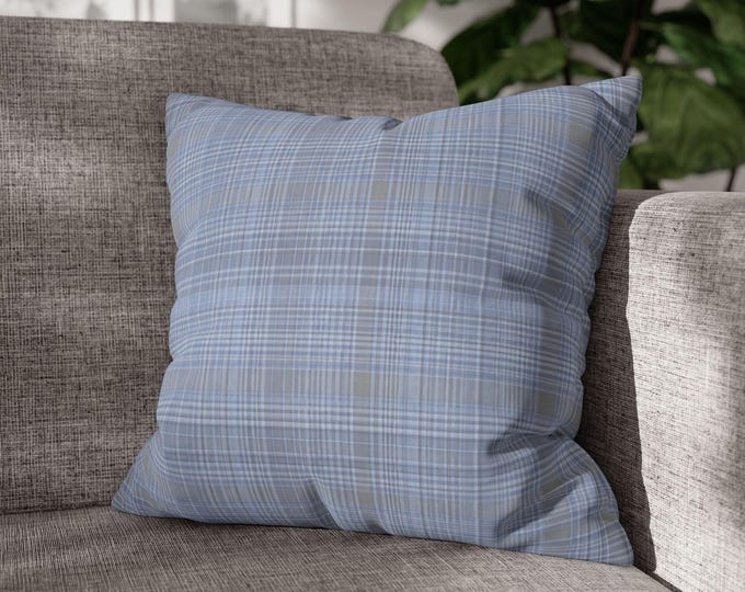 Blue Gray Tartan Plaid Square Poly Canvas Throw Pillow | Classic Preppy Stripe Pattern Decorative Accent Cushion (18"x18")