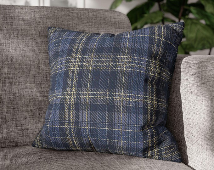 Navy Blue Tartan Plaid Throw Pillow Square Poly Canvas Accent Cushion | Classic Preppy Stripe Pattern Cottage Cabin Lodge Decor (18"x18")
