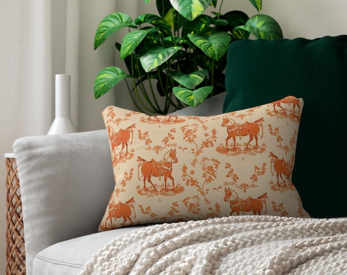 Vintage Saddle Horse Toile Lumbar Pillow | Orange Horse Pattern