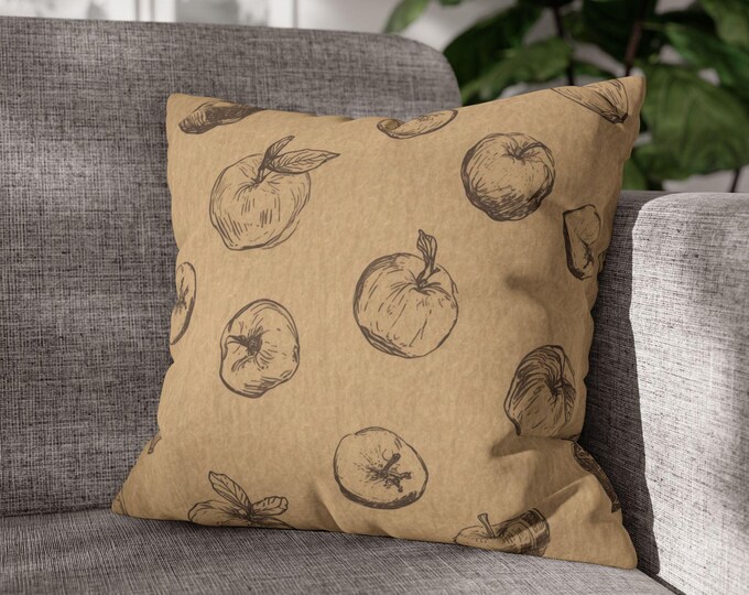 Hand-Drawn Apples Brown Throw Pillow | Square Poly Canvas Accent Cushion (18"x18")