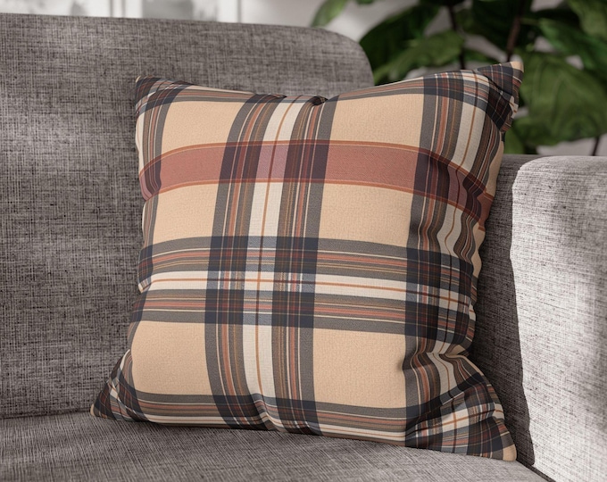 Beige Rust Tartan Plaid Square Throw Pillow | Cozy Preppy Brown Striped Poly Canvas Accent Cushion (18"x18")