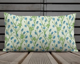 Blue & Green Botanical Lumbar Pillow 12x20 | Vintage Floral Cottage Garden Accent