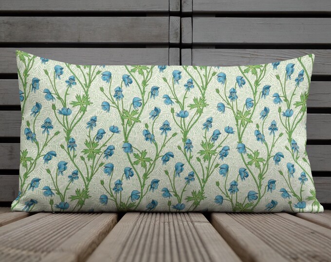 Blue & Green Botanical Lumbar Pillow 12x20 | Vintage Floral Cottage Garden Accent