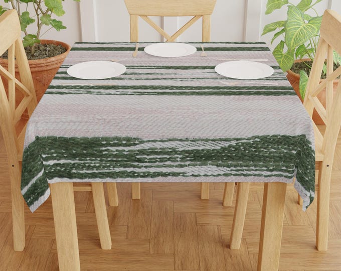 Green Brushstroke Stripe Tablecloth | Pink and Green Striped Table Linen
