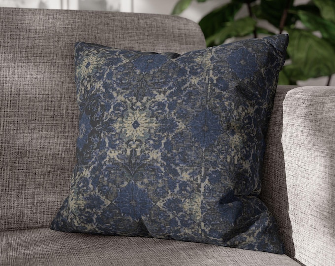 Blue Vintage Mandala Pattern Throw Pillow | Boho Decorative Canvas Accent Cushion (18"x18")