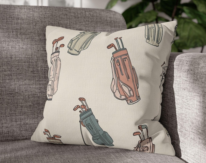 Vintage Golf Bag Pattern Square Pillow | Neutral Sports Decor Cushion | 18"x18"