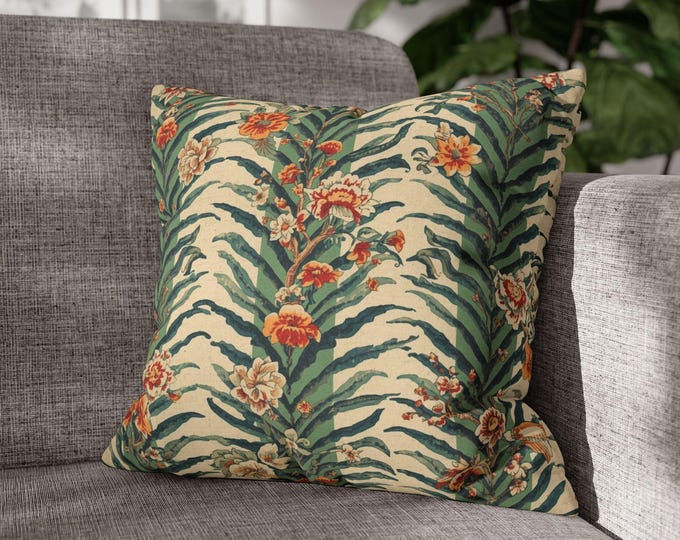 Vintage Botanical Floral Stripe Pillow | Square Poly Canvas Pillow | 18"x18"