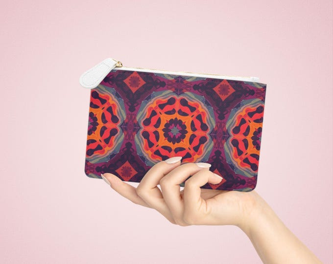 Bohemian Kaleidoscope Mini Clutch Bag | Mandala Pattern, Vibrant Orange & Plum