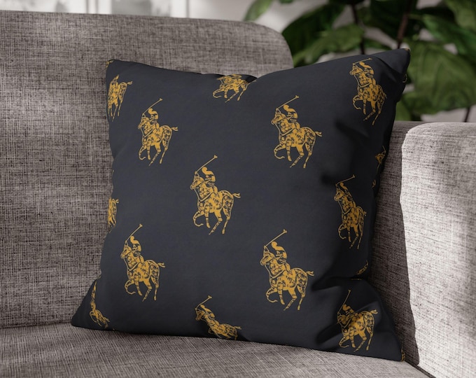 Gold Polo Horse Pattern Square Pillow | Navy Throw Pillow | 18"x18"