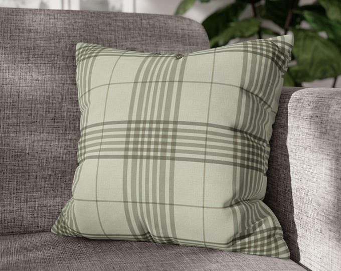 Green Tartan Plaid Square Throw Pillow | Neutral Stripe Pattern Accent Cushion | Cozy Cabin Cottagecore Lodge Decor (18"x18")