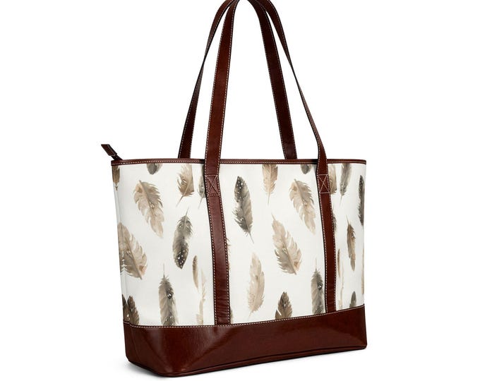 Watercolor Feather Print Handbag | Neutral Boho Tote