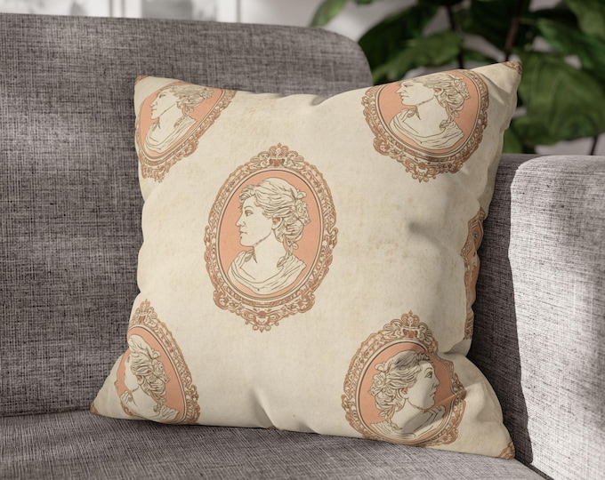 Vintage Cameo Pattern Throw Pillow | Square Poly Canvas Accent Cushion (18"x18")