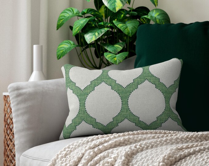 Preppy Trellis Lumbar Pillow 14x20 | Green Ivory Geometric Accent Pillow | Coastal Classic Bed Cushion