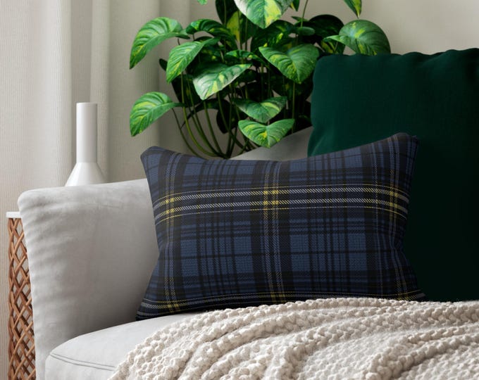Navy Yellow Plaid Lumbar Pillow | Rectangular Throw Pillow