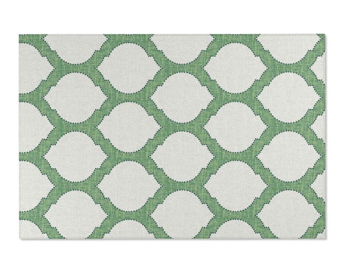 Preppy Trellis Area Rug 4x6 | Green Ivory Geometric Lattice Rug | Coastal Classic Chenille Rug | Neutral Pattern Decor