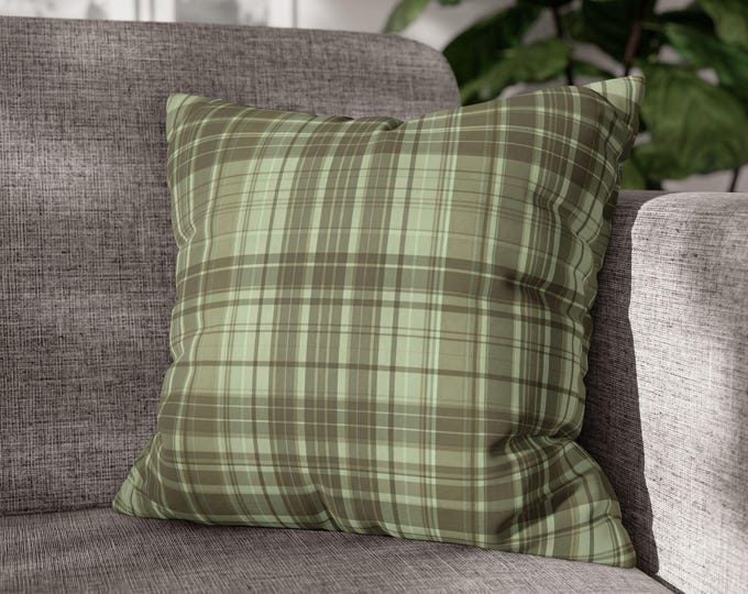 Green Plaid Square Poly Canvas Throw Pillow | Preppy Lodge Home Decor Accent Cushion (18"x18")