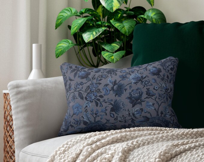 Vintage Blue Floral Lumbar Pillow | Spun Polyester