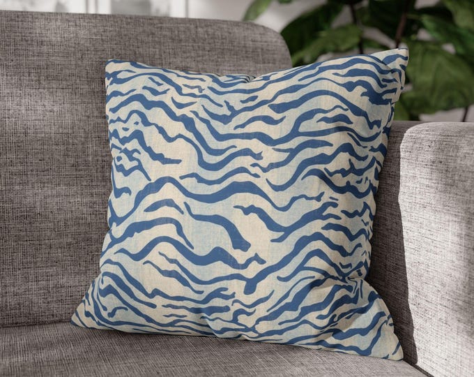 Blue Tiger Stripe Pattern Square Pillow | Animal Print Decorative Pillow | 18"x18"