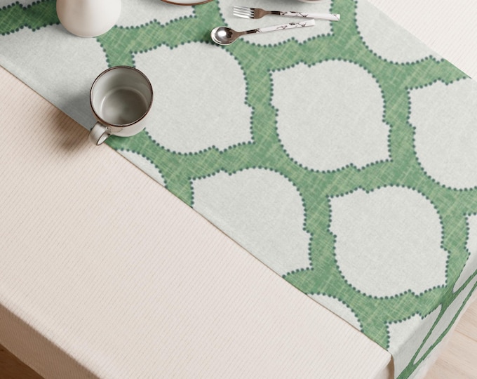 Preppy Trellis Pattern Table Runner | 16"x90" Green & White Matching Table Linens | Elegant Dining Accent