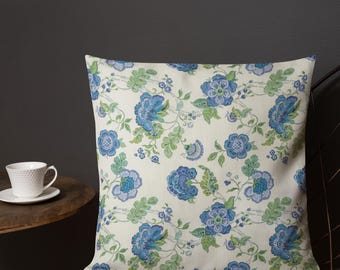 Blue & Green Botanical Throw Pillow 18x18 | Vintage Floral Garden Accent Pillow