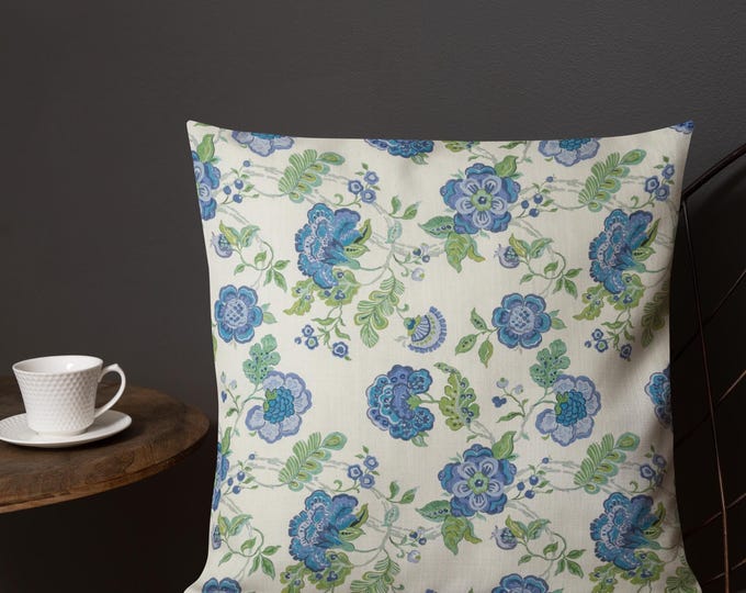 Blue & Green Botanical Throw Pillow 18x18 | Vintage Floral Garden Accent Pillow