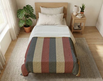 Rust Red Navy Tan Striped Herringbone Twin Bed Size Duvet Cover