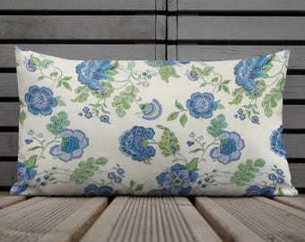 Blue & Green Botanical Lumbar Pillow 12x20 | Vintage Floral Cottage Garden Accent