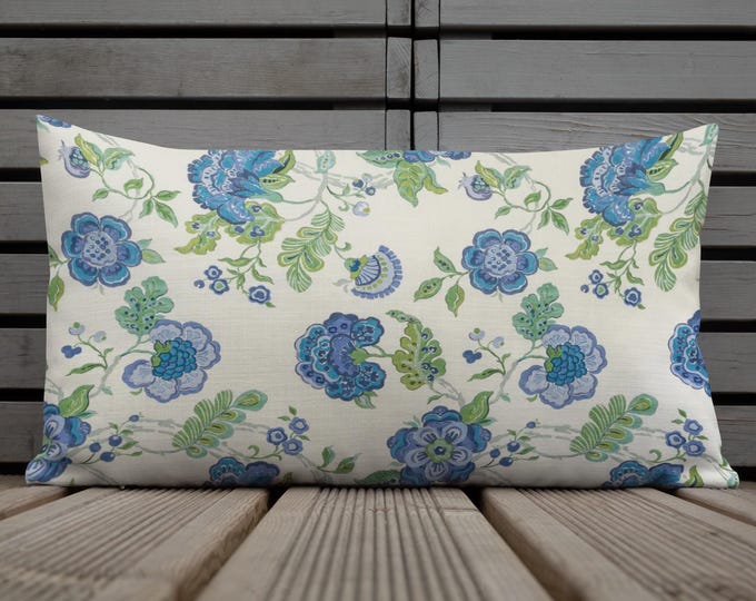 Blue & Green Botanical Lumbar Pillow 12x20 | Vintage Floral Cottage Garden Accent