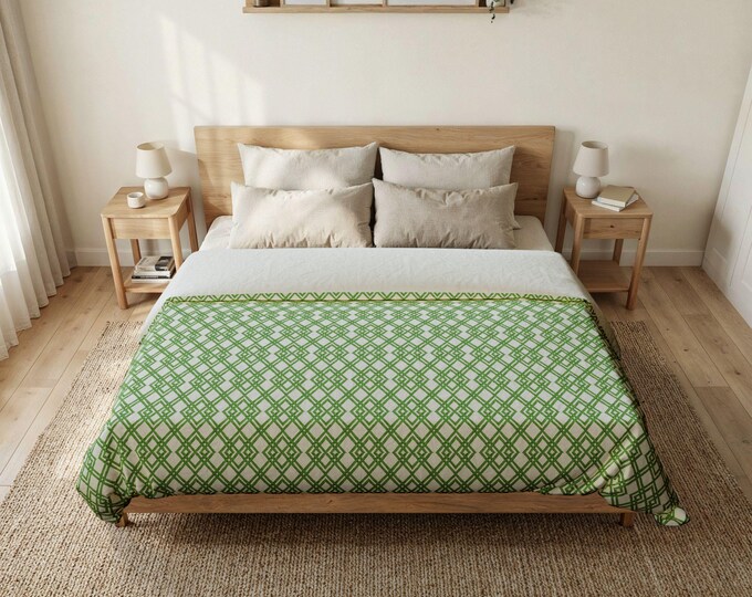 Preppy Trellis Duvet Cover | Green Ivory Geometric Bedding | Coastal Classic Preppy Bedroom Decor | Twin/Queen/King Coordinated Bedding