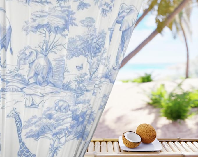Blue Safari Toile Window Curtain | Elephant Giraffe Hot Air Balloon