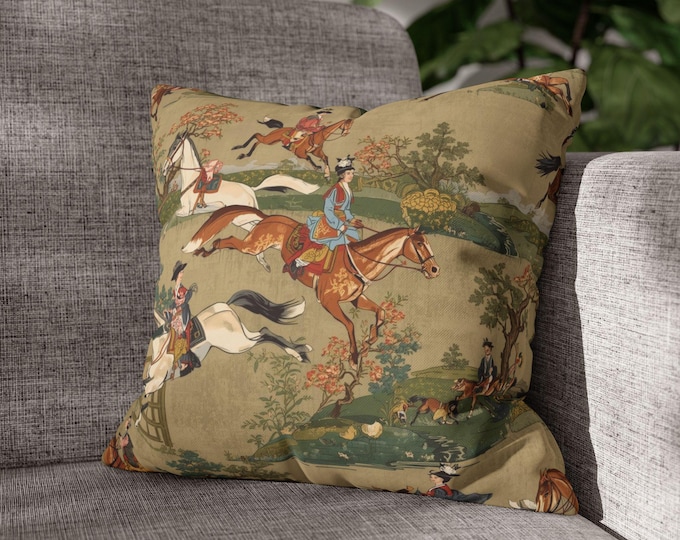 Equestrian Fox Hunt Pillow, Vintage Hunting Scene Cushion, English Country Decor