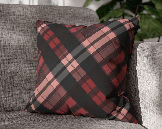 Red & Black Tartan Plaid Square Throw Pillow | Buffalo Check Poly Canvas Accent Cushion (18"x18")