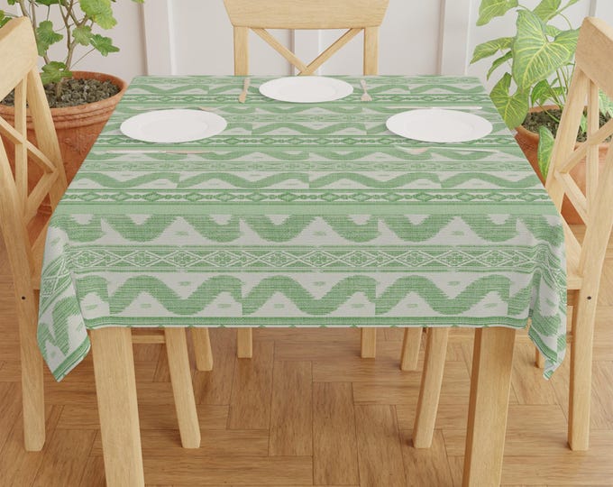 Green Tribal Stripe Tablecloth | Boho Geometric Table Linen