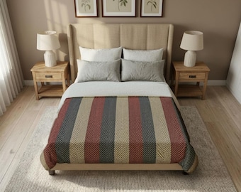 Rust Navy Tan Striped Cotton Queen Bed Size Duvet Cover | Herringbone Texture