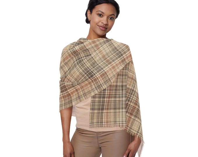 Beige Tartan Plaid Light Scarf, Preppy Lightweight Striped Checked Wrap | Neutral Luxury Resort Travel Accessory (27"x71")