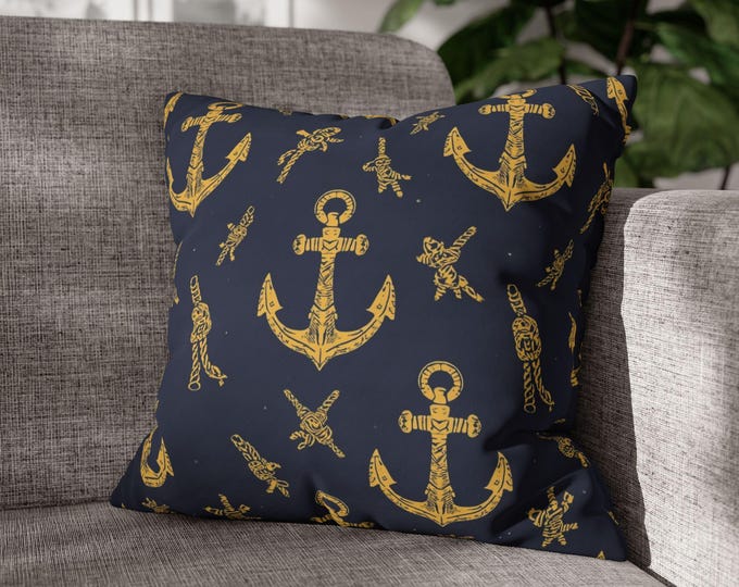 Gold Anchor Pattern Pillow | Nautical Navy Throw Pillow (18"x18")