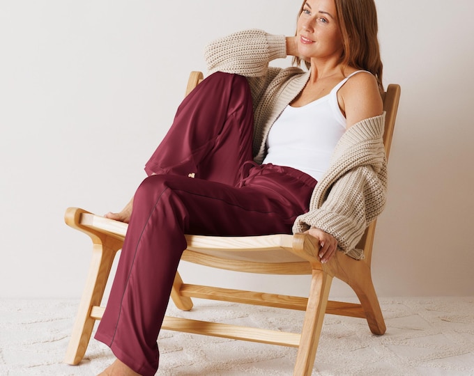 Bordeaux Burgundy Luxury Solid Pajama Pants – Silky Relaxed Fit Women’s Lounge Pants | Coastal Preppy Sleepwear | Estate Style Nightwear