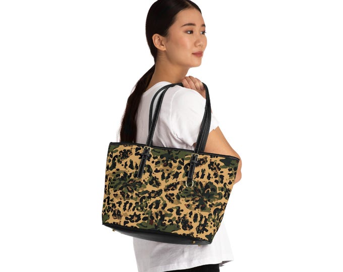 Camo Leopard Print Shoulder Bag | PU Leather Tote | 16"x10"