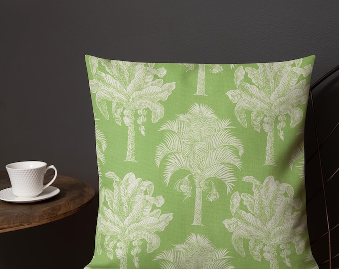 Coastal Palm Tree Throw Pillow 18x18 | Green & White Tropical Accent Pillow