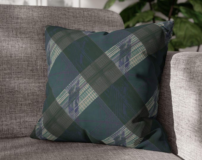 Green Tartan Plaid Pattern Square Throw Pillow | Preppy Buffalo Check Home Decor | Cozy Poly Canvas Accent Cushion (18"x18")