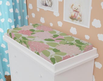 Pink Hydrangea Floral Baby Changing Pad Cover | Watercolor Nursery Jersey Knit