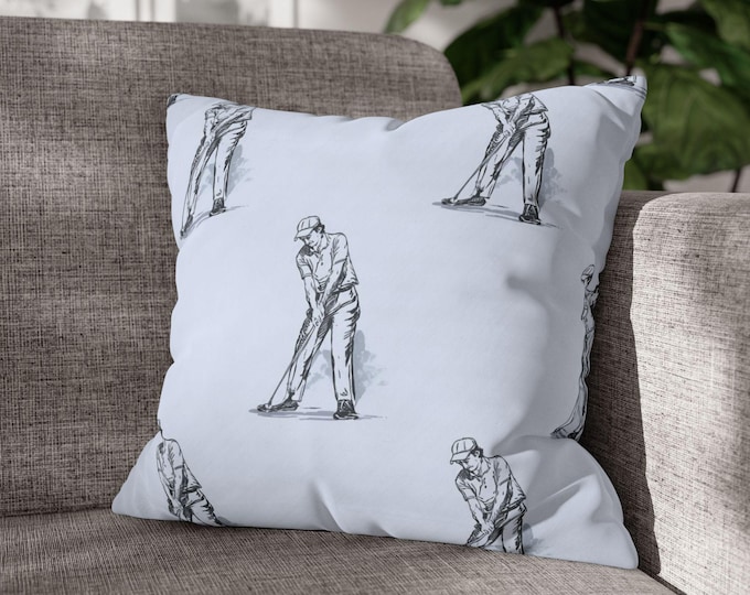 Vintage Golfer Pattern Square Poly Canvas Pillow | Golf Player Illustration Cushion | 18"x18"