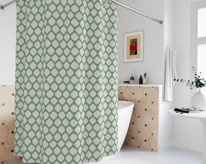 Preppy Trellis Shower Curtain | Green & White Coordinated Luxury Bathroom Decor