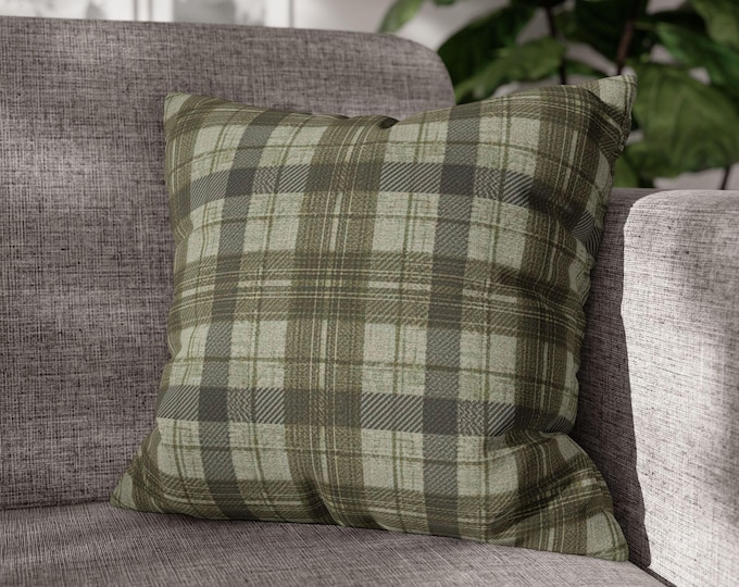 Olive Green Tartan Plaid Square Throw Pillow | Cozy Poly Canvas Accent Cushion | Cabin Lodge Cottagecore Decor (18"x18")