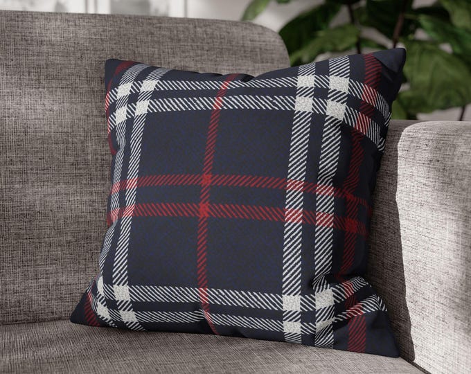 Navy Red Tartan Plaid Square Poly Canvas Throw Pillow | Preppy Lodge Home Decor Accent Cushion