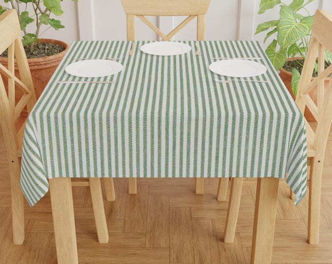 Green Narrow Stripe Tablecloth | Cotton Linen Stripe Table Cover