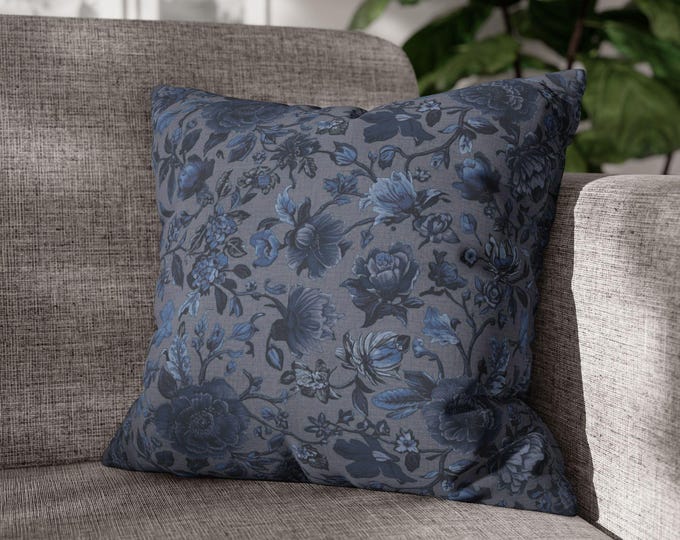 Vintage Blue Floral Pattern Square Poly Canvas Throw Pillow | Cottagecore Home Decor Accent Cushion (18"x18")