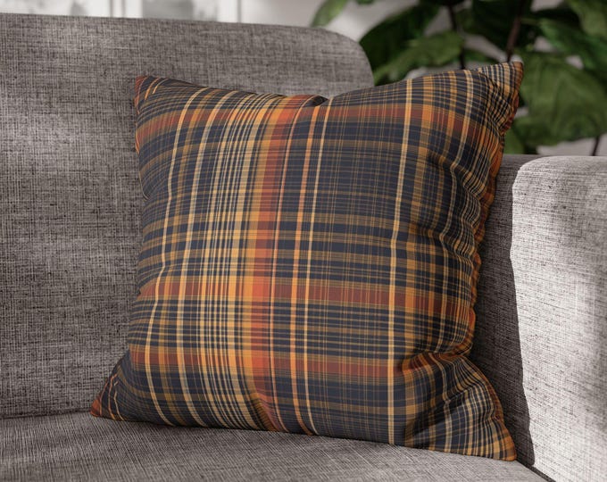 Orange & Navy Tartan Plaid Square Throw Pillow | Poly Canvas Accent Cushion | Preppy Lodge Home Decor (18"x18")