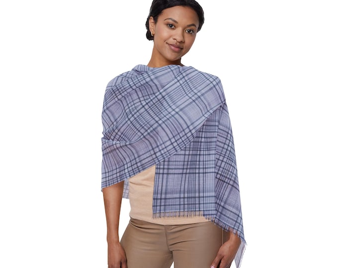 Blue Tartan Plaid Lightweight Neck Scarf, Fringe Edge Light Luxury Shoulder Wrap | Preppy Stripe Checked Pattern (27"x71")