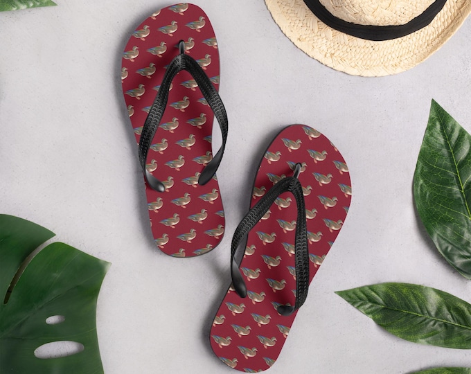 Mallard Reserve Bordeaux Burgundy Duck Print Flip Flops | Preppy Estate Summer Slippers | Matching Family & Pet | Top Nacch Luxe